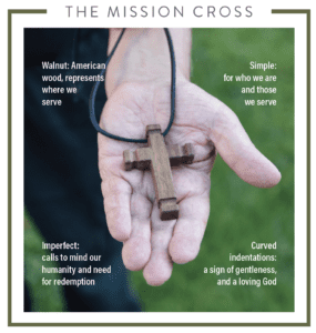 Image of a small wooden cross held in the palm of a man's hand.